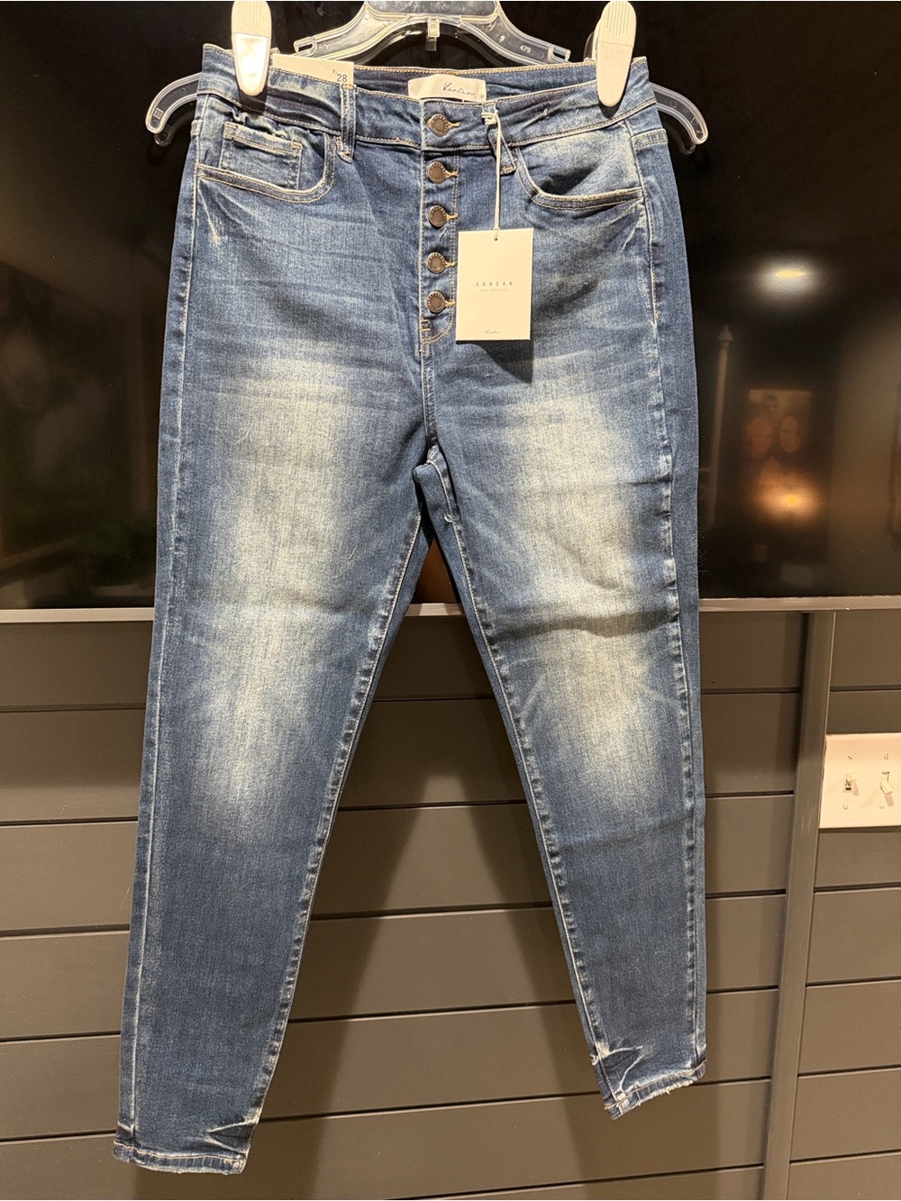 KanCan Women's Skinny Jeans in Medium Blue Wash with Button-Fly